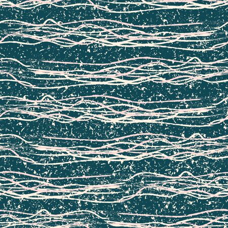 Cream and pink hand drawn strands of fibre lines. Seamless geometric vector pattern on blue terrazzo background. Great as a texture, for packaging, wellness products, fabric, stationery, giftwrap.のイラスト素材