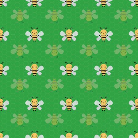 Cute cartoon honey bees with subtle honeycomb texture. Seamless geometric vector pattern on green background. Great for kids,baby, garden, kindergarten, school products, stationery, giftwrap.のイラスト素材