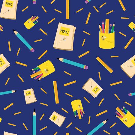 Bright blue and yellow back to school design with pencils, notebooks and rulers. Seamless vector pattern on dark blue background. Great for children, preschool, kindergarten, school , stationery.のイラスト素材