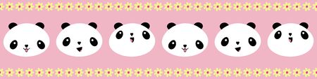 Cute Kawaii style happy pandas border with yellow flower edging. Seamless geometric vector pattern on pink background. Great for children, school, kindergarten, nursery, baby products, stationeryのイラスト素材