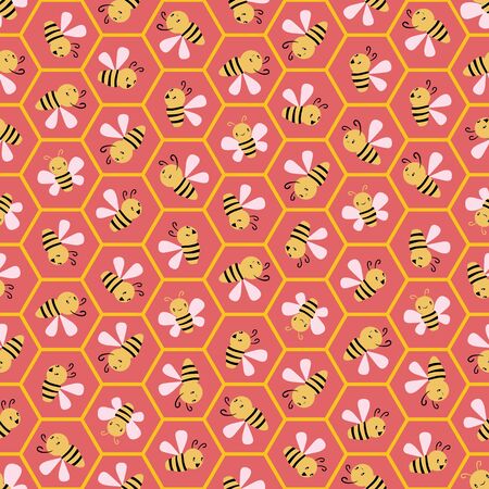 Cute cartoon honey bees in honeycomb cells. Seamless geometric vector pattern on coral pink...