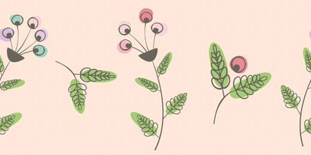 Beautiful border with flowers, berries and leaves with offset color. Seamless vector pattern on pink polka dot background. Perfect for ribbon, decorative tape, textiles edging, graphic design.のイラスト素材