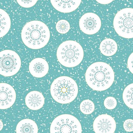 Teal, silver snowflakes in gold rimmed circles. Seamless winter vector pattern on white terrazzo background. For textiles, Christmas cards and giftwrap, party invitations,flyers,graphic design usesのイラスト素材