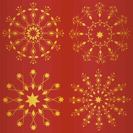 Elegant snowflakes design on vibrant red and gold foil background. Seamless vector pattern. For textiles, Christmas cards and giftwrap, party invitations,flyers,graphic design uses, holiday fabric.のイラスト素材
