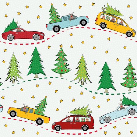Funky multicolor winter landscape with cartoon reindeer, cars, Christmas trees and stars. Seamless vector pattern on light textured background. Great for all Christmas products stationery invitationsのイラスト素材
