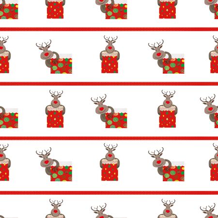 Cute rednosed reindeer hugging a variety of presents with horizontal red stitch stripes. Seamless geometric vector pattern on white background. Great for Christmas products, stationery invitationsのイラスト素材
