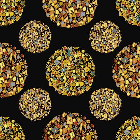 Beautiful abstract gold circles created from triangles, squares and dots. Seamless vector pattern on black background. Bejewelled art deco style. Great for stationery, giftwrap, concept, packagingのイラスト素材