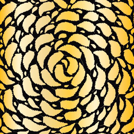 Gold foil and bronze swirling leaves on black background. Seamless vector pattern with subtle metal effect gradient. Elegant hand drawn foliage repeat. For wellbeing, beauty, spa products,packagingのイラスト素材