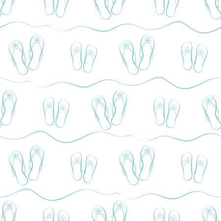Vector flip flop shoe seamless vector pattern. Hand drawn line art style waves and sandals in aqua blue and white. Subtle beach sand background. Summer vacation and beach holiday conceptのイラスト素材