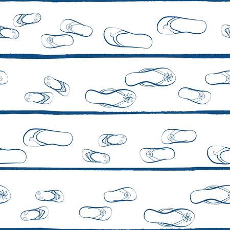 Flip flop shoe vector seamless pattern background. Hand drawn outline style with hand drawn grunge stripes. White and navy blue colors. Summer vacation concept.のイラスト素材