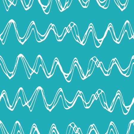 Wavy lines seamless vector pattern background. Large entwined hand drawn uneven line art sea waves backdrop. Abstract marine geometric stripe illustration. For nautical, water, ocean vacation concept.のイラスト素材