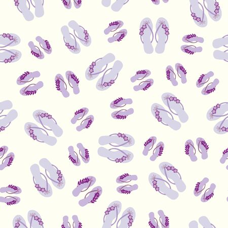 Flip flop shoe on seamless vector pattern background. Pretty sandals with tropical flower decoration oceanside backdrop. Pastel purple shades. Summer all over print for beach wedding resort concept.のイラスト素材