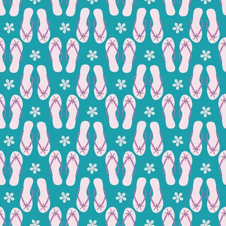Flip flop shoe on seamless vector pattern background. Elegant sandals with marine decorations oceanside backdrop. Pastel pink and teal shades. Summer all over print for beach wedding resort conceptのイラスト素材