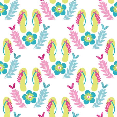 Flip flop shoe on beach seamless vector pattern background. Elegant sandals and flowers oceanside...