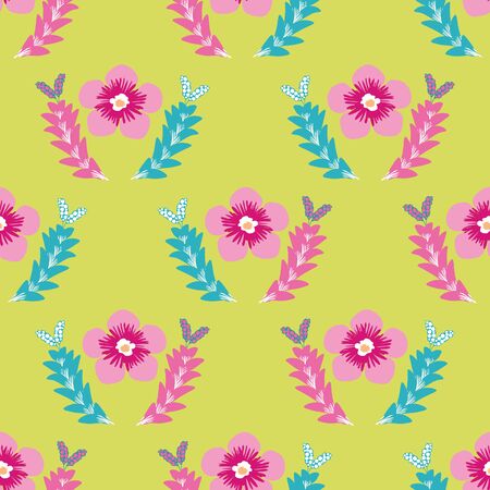 Tropical flower seamless vector pattern. Hand drawn stylised pink flowers and leaves geometric background. Modern bright floral motifs hot summer all over print. Exotic vibrant bloom formal design.のイラスト素材