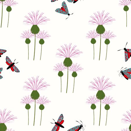 Six spot burnet butterfly seamless vector pattern background. Day flying moth on pink knapweed backdrop. Scottish coastal insect design. All over print for Scotland summer vacation,wildlife conceptのイラスト素材