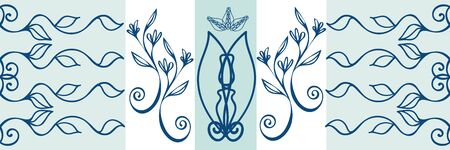 Ornate celtic seamless vector border design. Modern striped floral blue white hand drawn illustration. Horizontal geometric swirl banner. Edging, ribbon, trim for irish, gaelic celebration conceptのイラスト素材