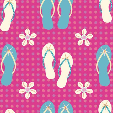 Flip flop shoe seamless vector pattern background. Elegant sandals, starfish, cowrie shell geometric textured backdrop. All over print for tropical beach wedding, honeymoon oceanside resort conceptのイラスト素材