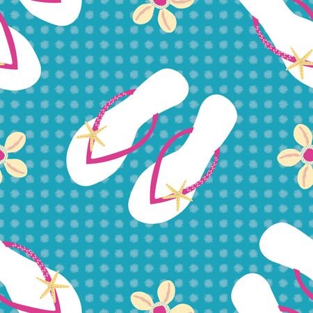 Flip flop shoe seamless vector pattern background. Pretty sandal and cowrie shell stars backdrop....