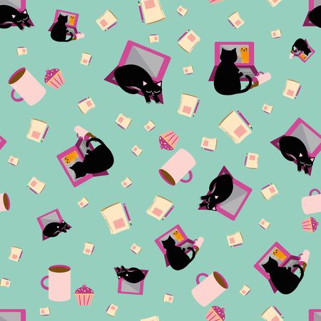 Cute cartoon cat and laptop vector seamless pattern background. Black feline, note book and coffee cups mint green backdrop. Fun business office design. All over print for working from home concept.のイラスト素材