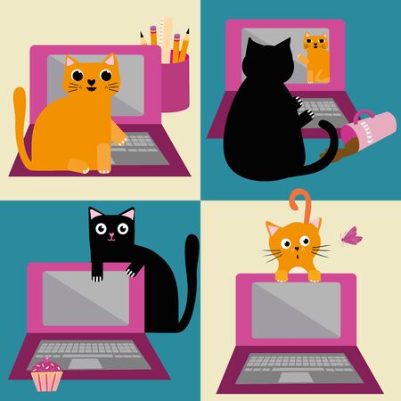 Cute cartoon cat and laptop vector seamless pattern background. Ginger and black felines interrupting business office work flow. Hand drawn fun repeat. All over print for working from home concept.のイラスト素材