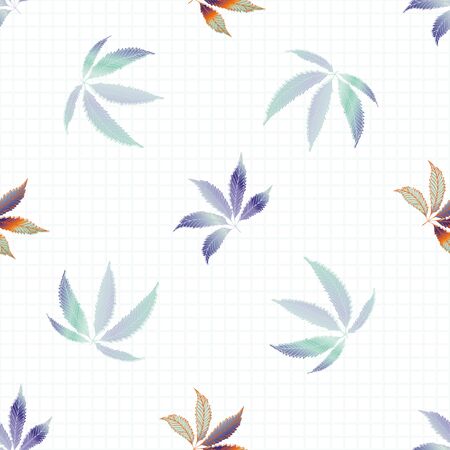 Cannabis leaves seamless vector pattern background. Hand drawn pastel hemp foliage on white grid backdrop. Stylish botanical marijuana design. All over print for wellness, health, self care conceptのイラスト素材