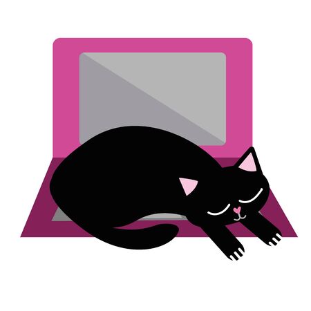 Cute cartoon pet cat and laptop vector illustration. Sleepy black kitty snoozes on keyboard and disrupts business office work flow. Isolated hand drawn fun motif for working from home concept.のイラスト素材