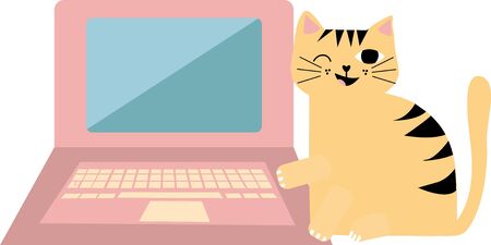 Cute cartoon pet cat and laptop vector illustration. Cheeky winking ginger kitty is about to tap on keyboard button. Disrupted business office work flow scene. Fun motif for working from home concept.のイラスト素材
