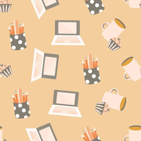 Vector cute cartoon laptop seamless pattern background. Pencils, cupcakes, coffee cup monochrome peach color backdrop. Fun office equipment illustration. All over print for working from home concept.のイラスト素材