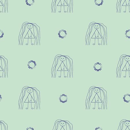 Messy hair Covid 19 quarantine vector seamless pattern. Funny infographic backdrop of scribbles sketch with girls, messy styles and coronavirus motif. All over print for isolation self care concept.のイラスト素材