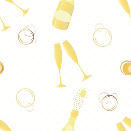 Champagne bubbles vector seamless pattern background. Hand drawn bottles, glasses, fizzy drink white gold backdrop. Elegant sparkling wine repeat illustration. All over print for party celebrationのイラスト素材
