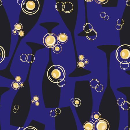 Abstract champagne bubbles vector seamless pattern background. Clusters of drops on drinks glasses silhouette indigo black gold backdrop. Elegant beverage all over print for party celebration conceptのイラスト素材