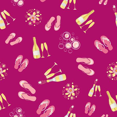 Flip flop shoe and Champagne bubbles vector seamless pattern background. Bottles, glasses, fizzy drink, sandals pink gold backdrop. All over print for beach resort hen party, celebration conceptのイラスト素材