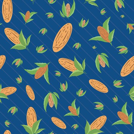 Almond vector seamless pattern background. Assorted brown oval nuts with leaves on diagonal stripe blue backdrop. Mixture of kernel seed shells all over print for food, health, nutrition conceptのイラスト素材