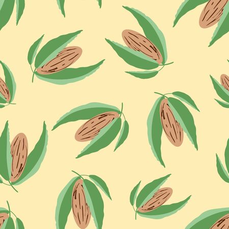 Almond vector seamless pattern background. Clusters of assorted brown oval nuts with leaves on yellow backdrop. Kernel seed shells all over print for nutrition, diet, food, health packaging conceptのイラスト素材