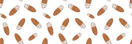 Almond nut vector seamless border. Banner of light brown single oval seeds on white background....