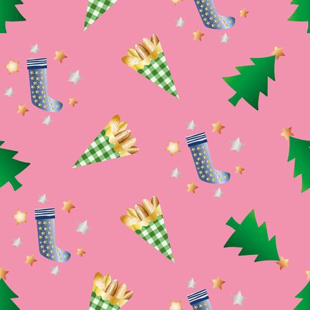 Almond nuts vector seamless pattern background. Roasted golden confectionery in gingham bags, festive stockings, stars and trees pink backdrop. All over print for seasonal, winter, Christmas fairのイラスト素材