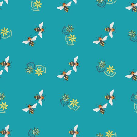 Honey bee and flowers vector seamless pattern background. Hand drawn striped insect and florals blue backdrop. Garden bug illustration repeat. All over print for garden,conservation, outdoor concept.のイラスト素材
