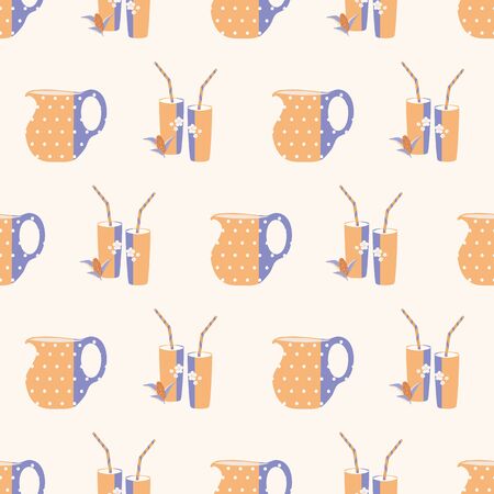 Almond milk vector seamless pattern background. Pastel orange purple backdrop with pretty jugs and glasses with straws. Geometric all over print for healthy drink dairy alternative, nutrition conceptのイラスト素材
