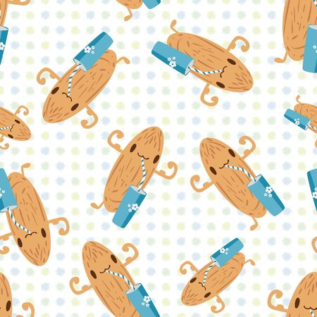 Kawaii almond milk vector seamless pattern background. Cute muscle flexing nut character drinking from glass on white backdrop. All over cartoon print for kids healthy drink dairy alternative conceptのイラスト素材