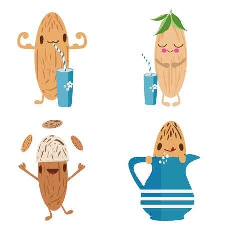 Kawaii almond milk concept for kids healthy drink dairy alternative concept. Illustration of cute nut cartoon characters drinking, flexing muscles, juggling. Versatile fun design with isolated motifsのイラスト素材