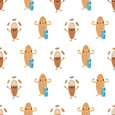 Kawaii almond milk vector seamless pattern background. Cute muscle flexing and juggling nut characters with drinks glasses on white backdrop. Fun cartoon print for kids healthy drink dairy alternativeのイラスト素材