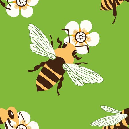 Vector honey bee and manuka flower seamless pattern background. Hand drawn striped insect and floral green backdrop. Garden bug illustration. All over print for summer, food, conservation conceptのイラスト素材