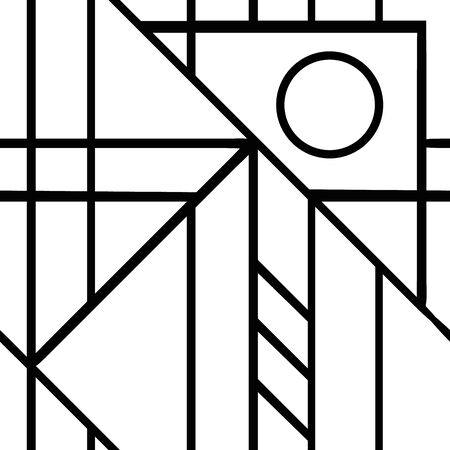 Abstract Mondrian style seamless vector pattern background. Monochrome Bauhaus geometric diagonal grid black and white backdrop Stripe, lines and circle shapes repeat design. Minimalist all over printのイラスト素材