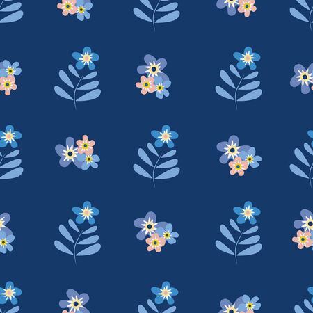 Wild meadow flowers seamless vector pattern background. Groups of Forget-me-not florals pink blue backdrop. Botancial geometric design. Modern simple all over print for fabric, packaging, kitchenのイラスト素材