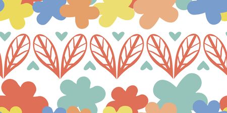 Vector border of wild meadow leaves and abstract flowers. Colorful seamless banner of hand drawn foliage arranged into heart shapes and silhouette blooms. Modern botanical design for edging, ribbonのイラスト素材