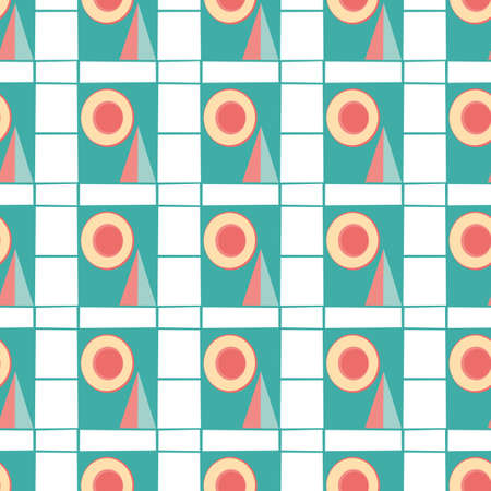 Geometric Bauhaus style vector seamless pattern background. Colorful modern tiled backdrop in teal,...