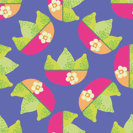Bright green textured vector limes in pink orange floral bowls. Seamless pattern background. Single...