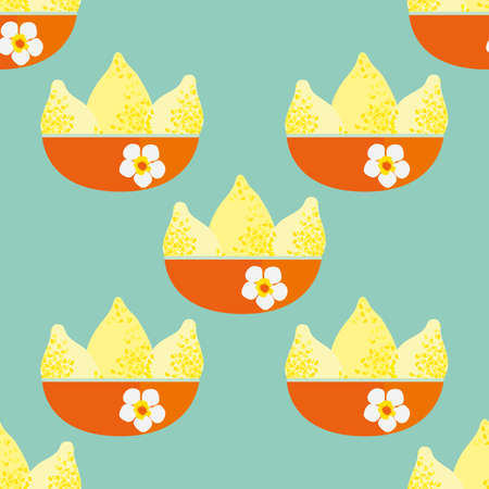 Bright yellow textured vector lemons in orange floral bowls. Seamless pattern background. Single...