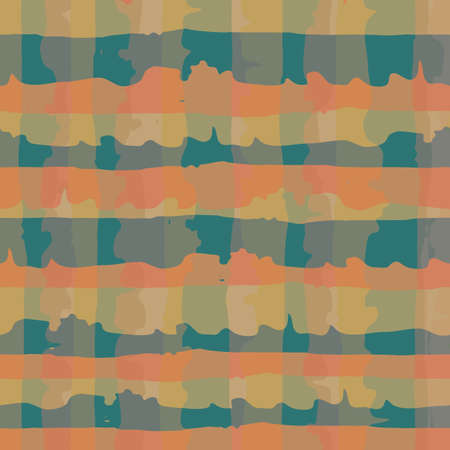 Vector plaid seamless pattern background. Modern organic watercolor brush stroke effect orange teal...
